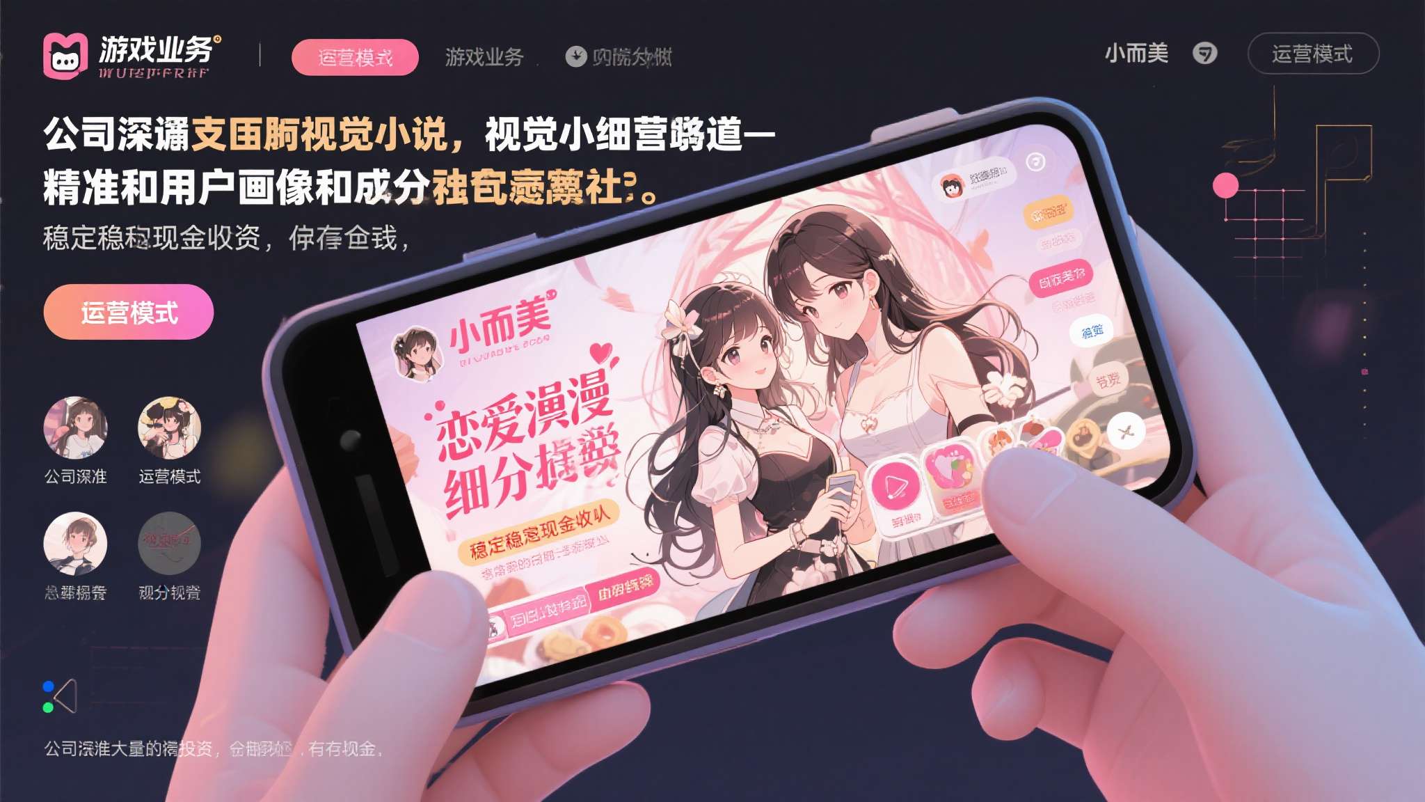 在游戏业务方面，公司深耕成人向视觉小说、恋爱模拟等细分赛道，凭借精准的用户画像和